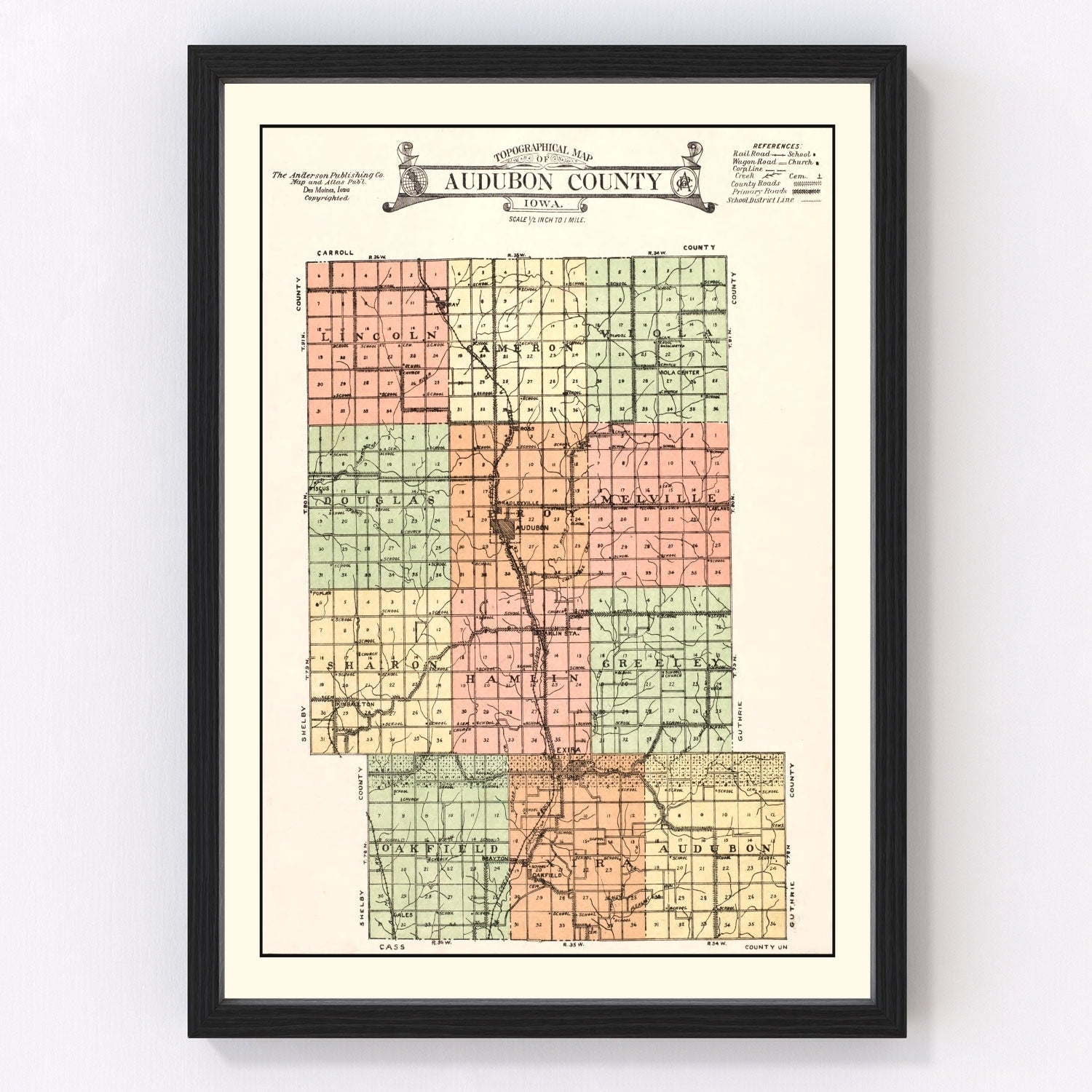 vintage map of Audubon County, Iowa, 1921, farm prosperity era