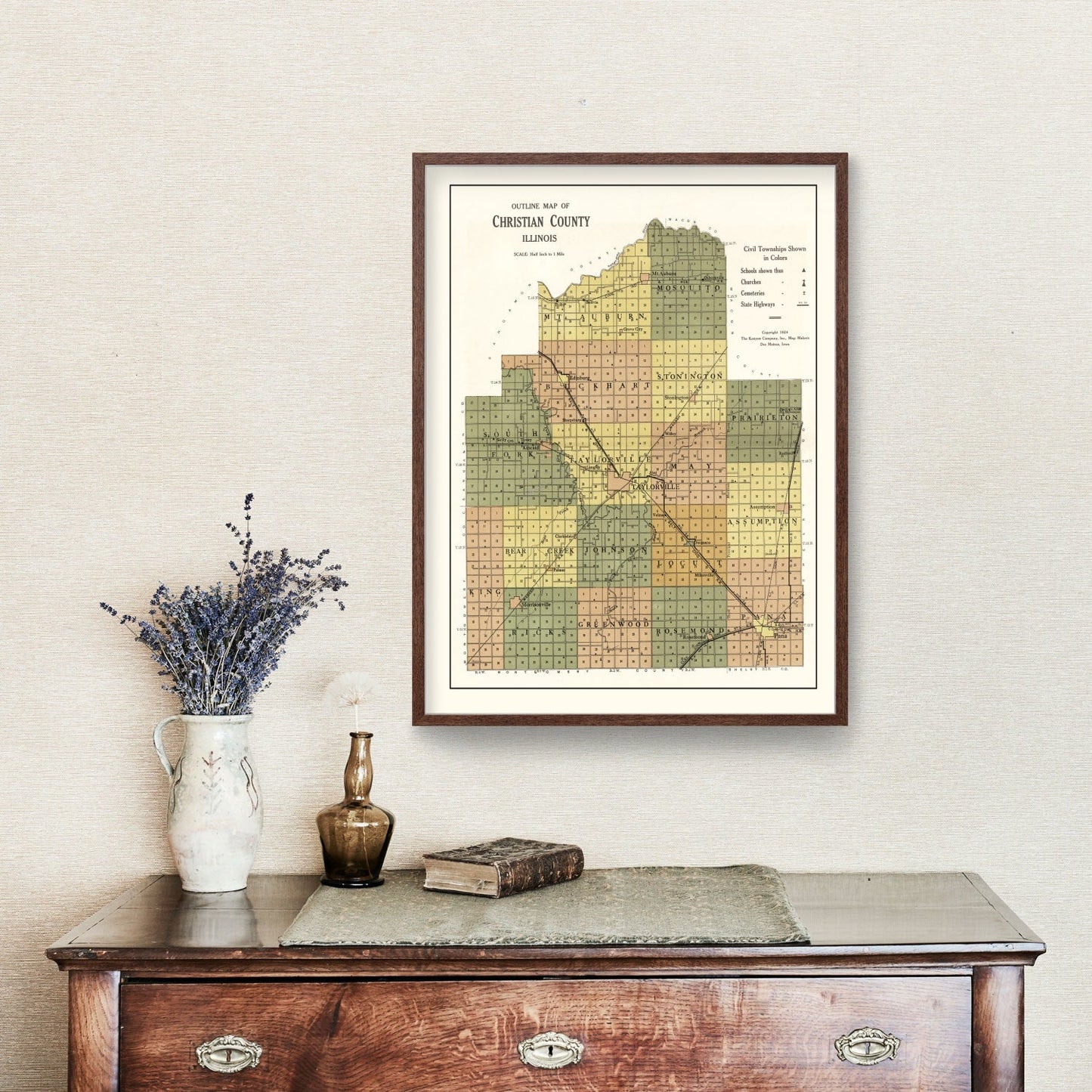 Vintage Map of Christian County, Illinois, 1924