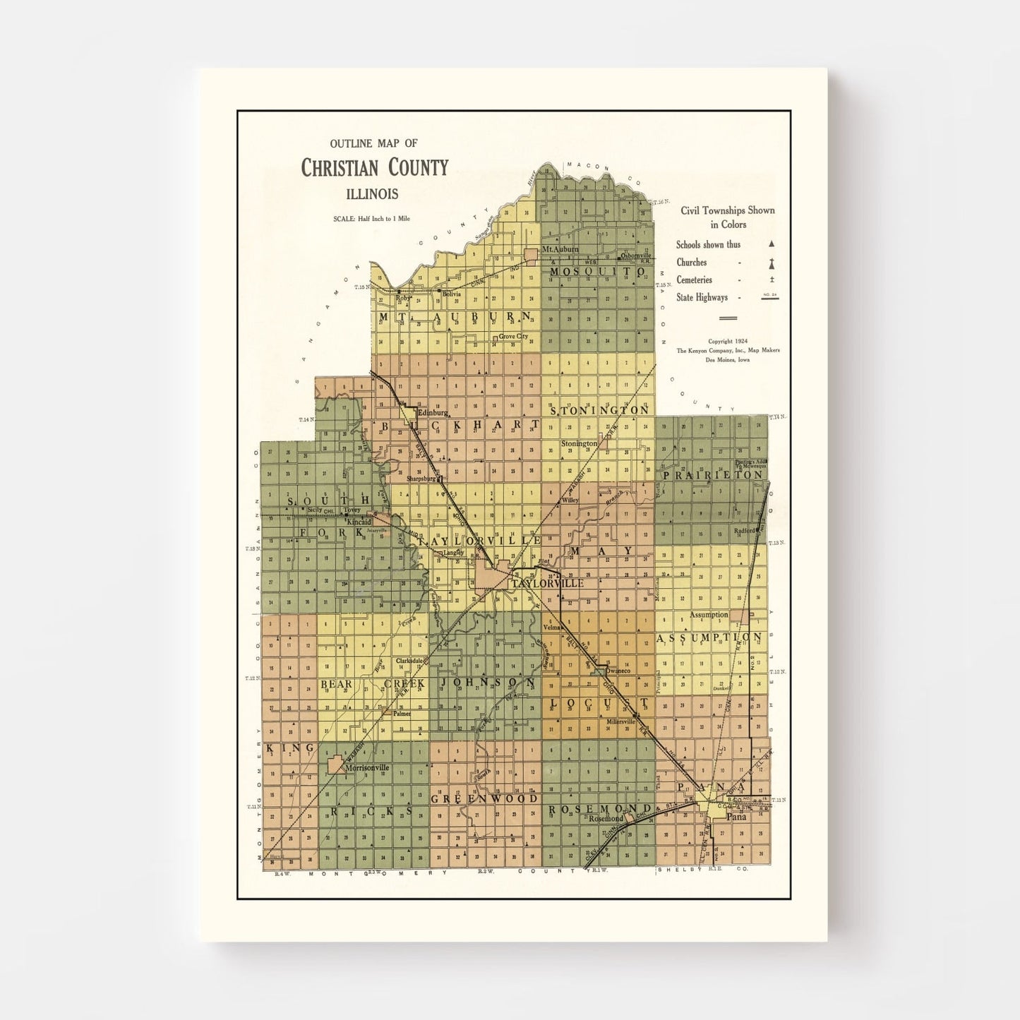 Vintage Map of Christian County, Illinois, 1924