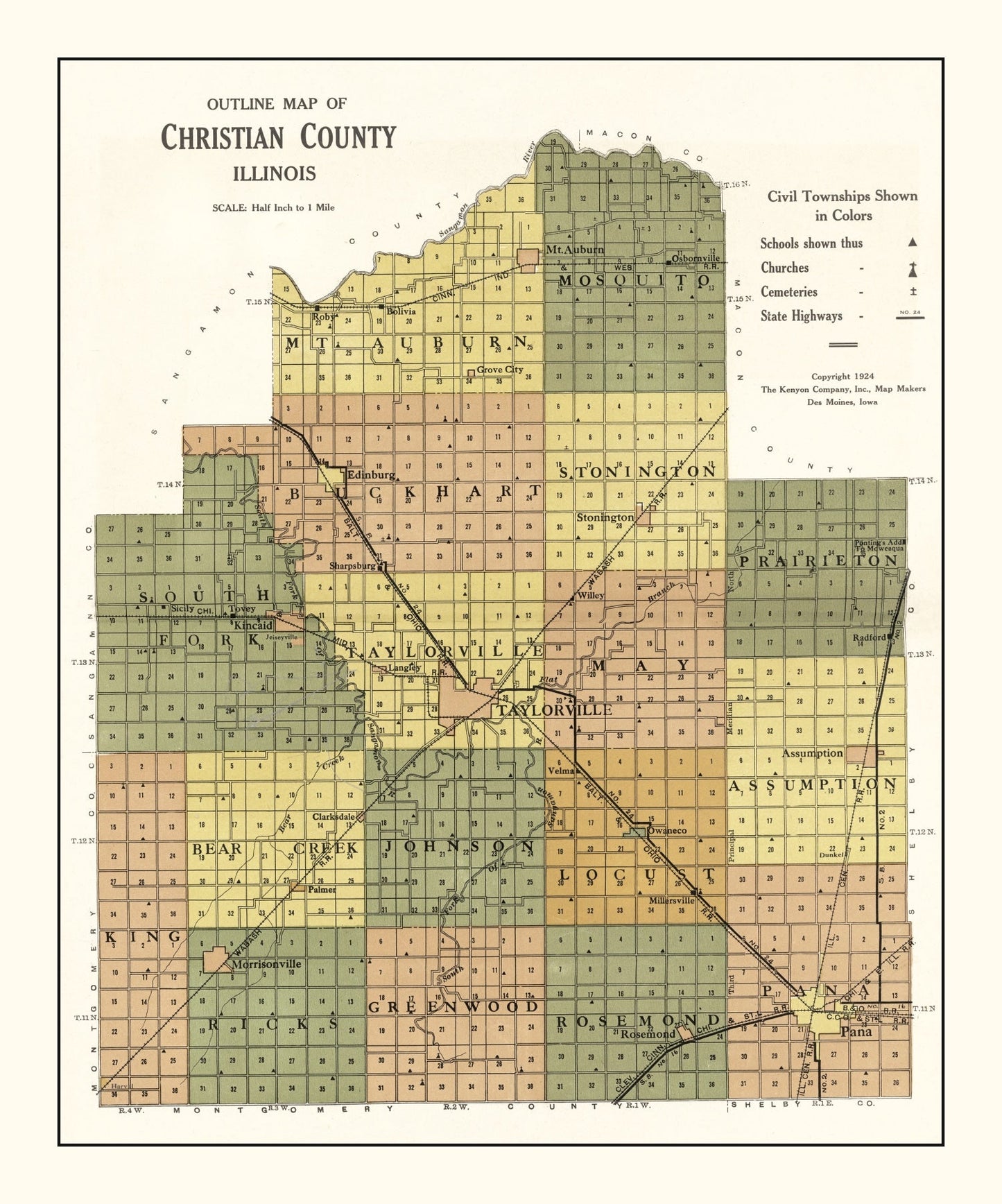Vintage Map of Christian County, Illinois, 1924