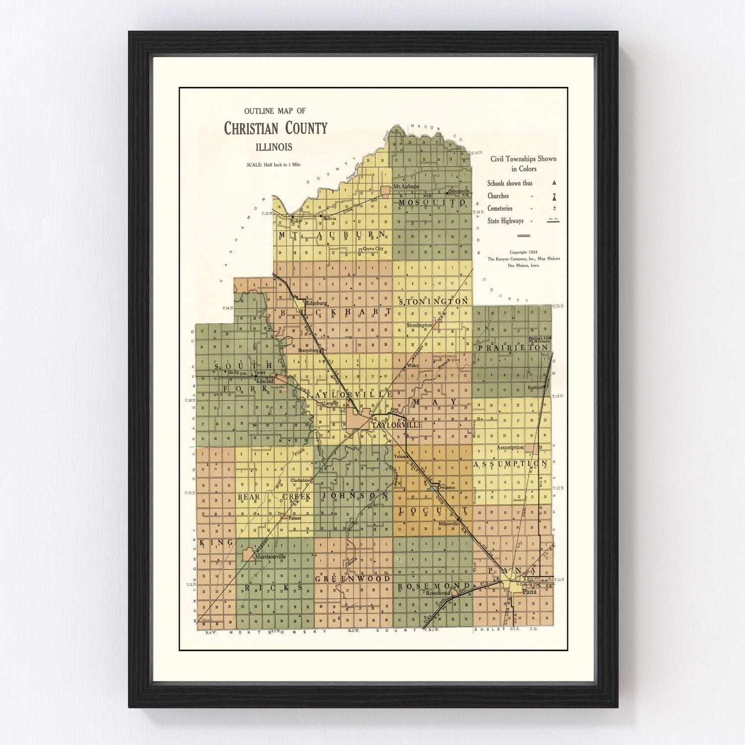Vintage map of Christian County, Illinois, 1924