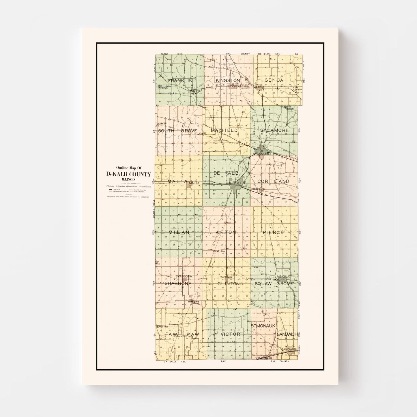 Vintage Map of De Kalb County, Illinois, 1929