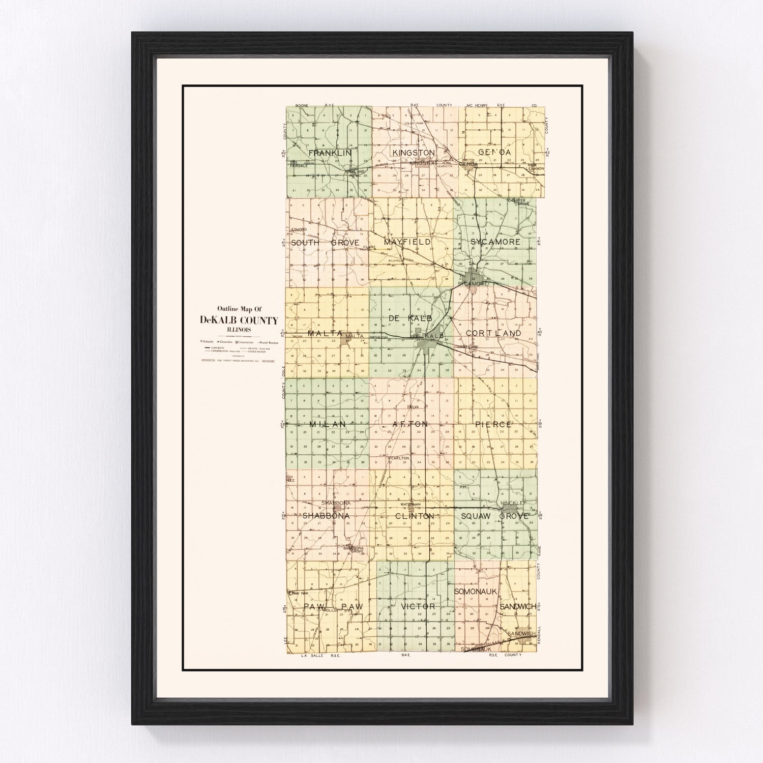 Vintage map of De Kalb County, Illinois, 1929