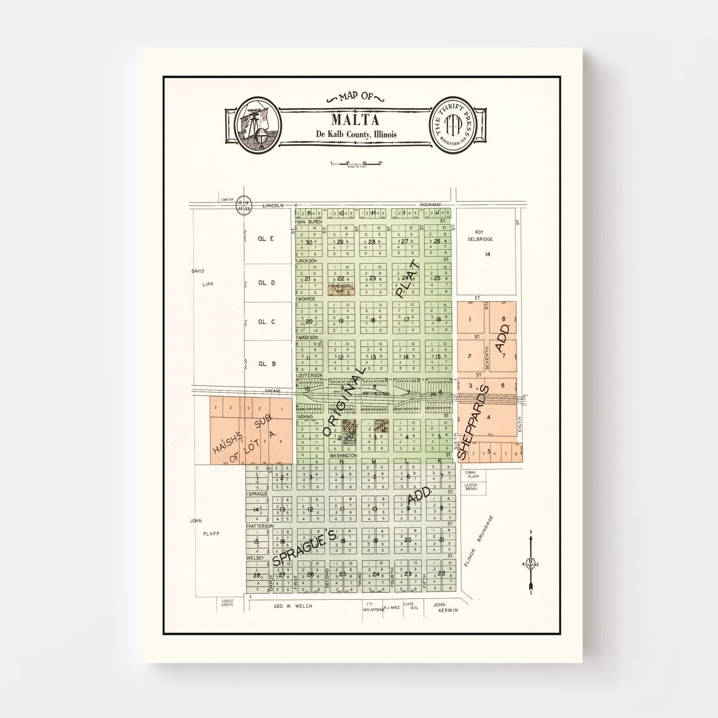 Vintage Map of Malta, Illinois, 1929