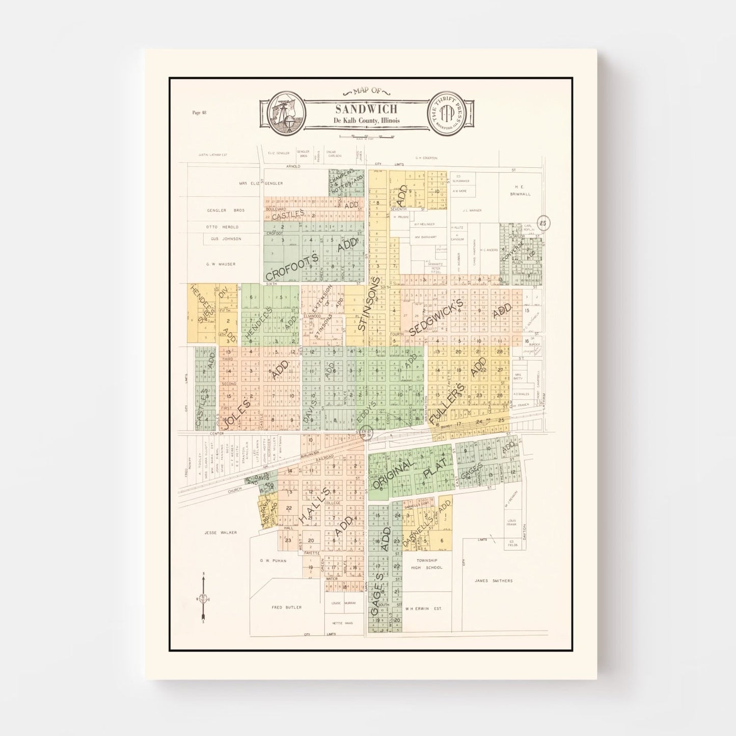 Vintage Map of Sandwich, Illinois, 1929
