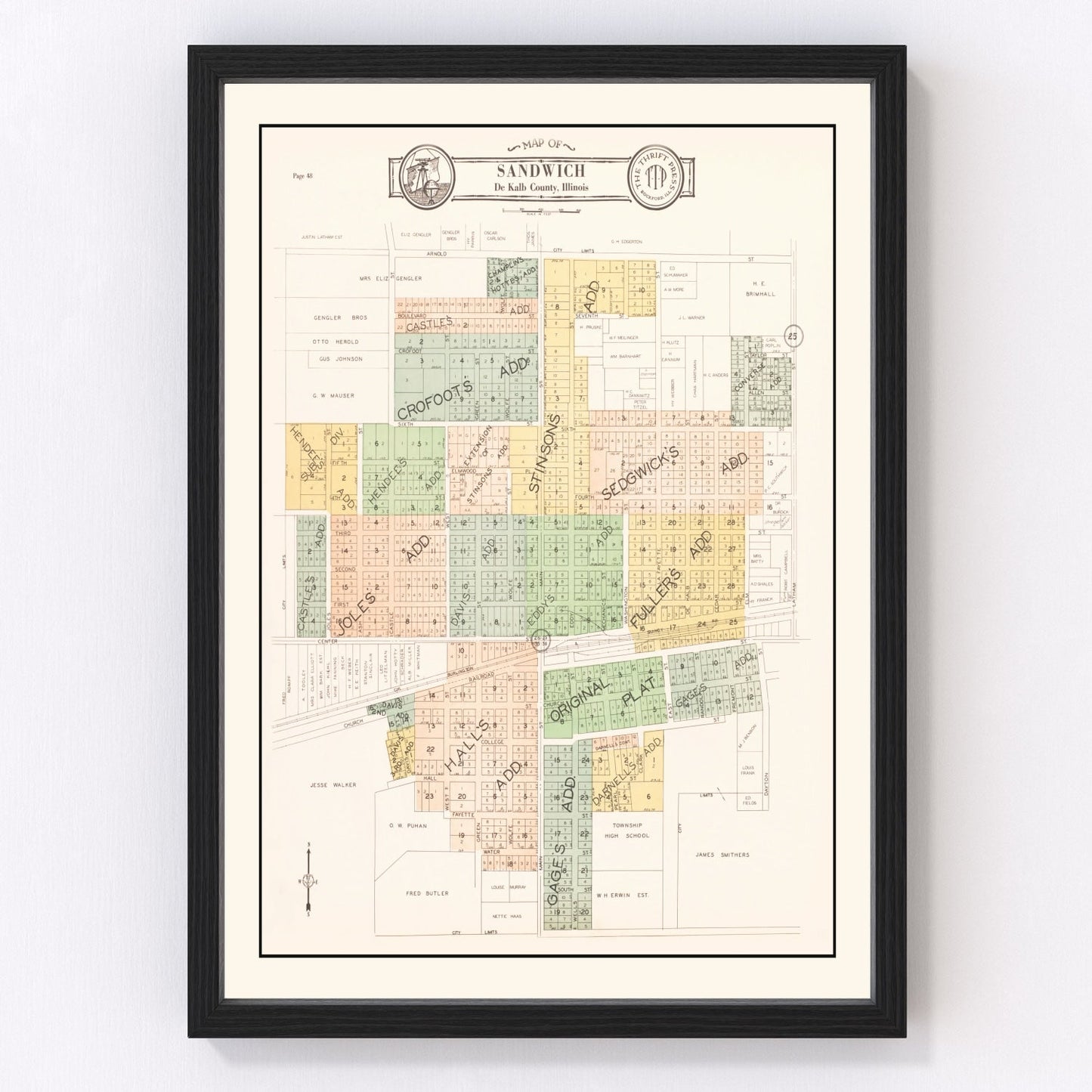 vintage map of Sandwich, Illinois, 1929
