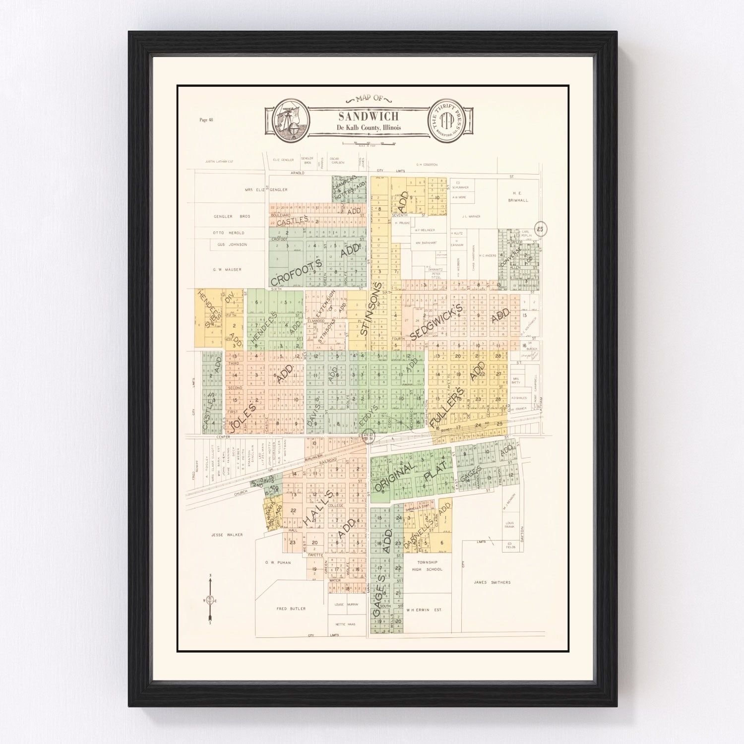 vintage map of Sandwich, Illinois, 1929