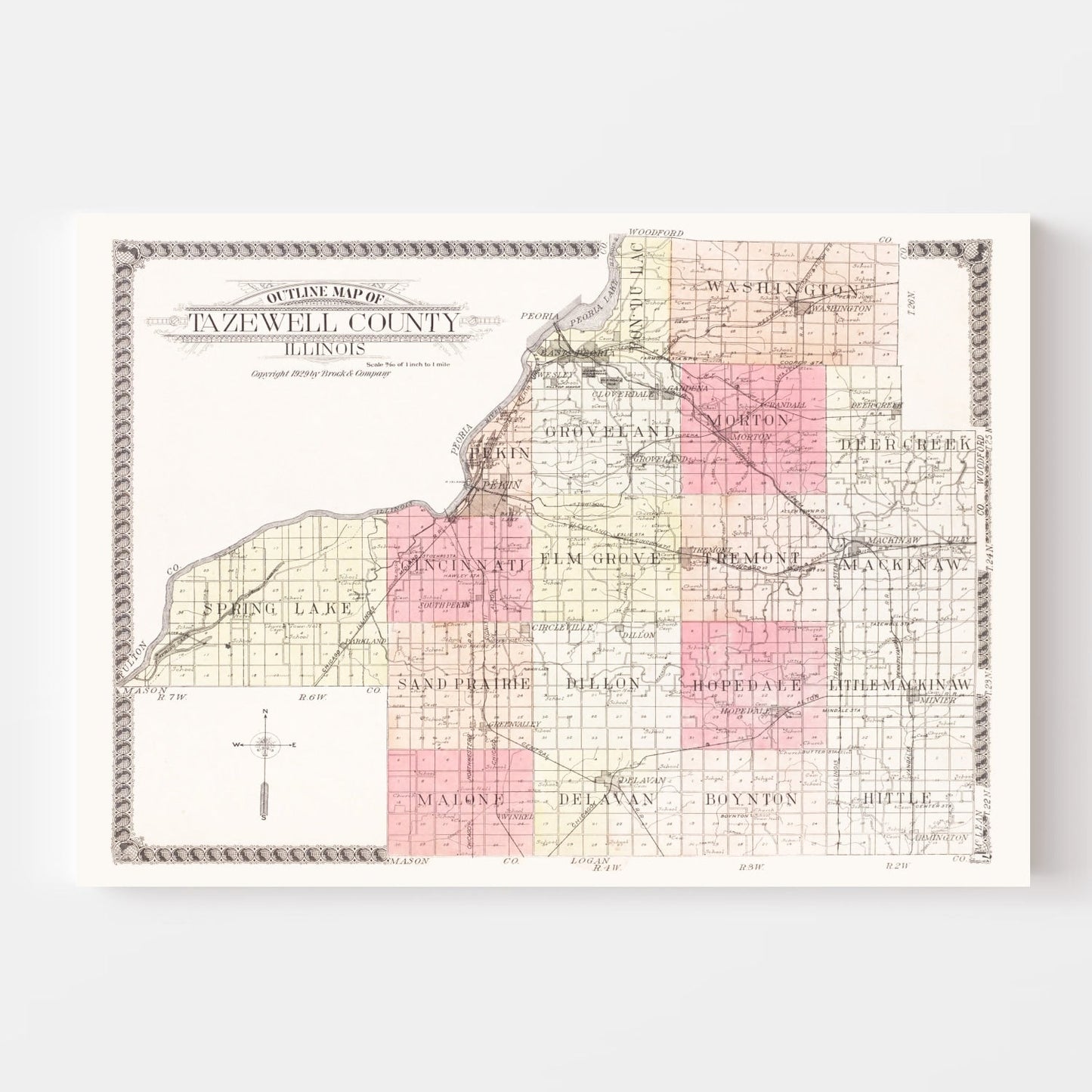 Vintage Map of Tazewell County, Illinois, 1929