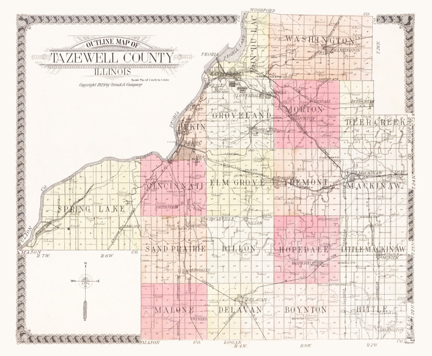 Vintage Map of Tazewell County, Illinois, 1929