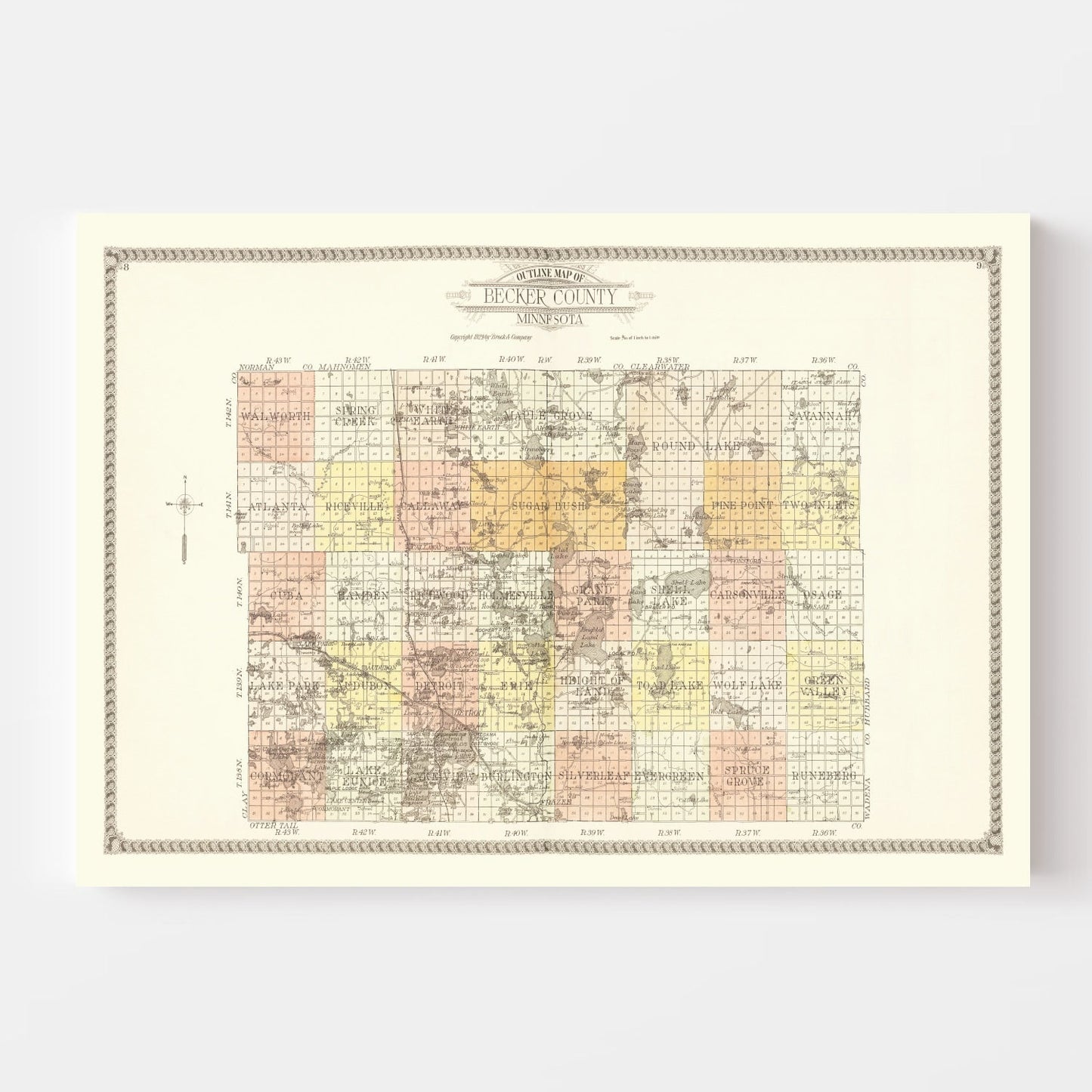 Vintage Map of Becker County, Minnesota, 1929
