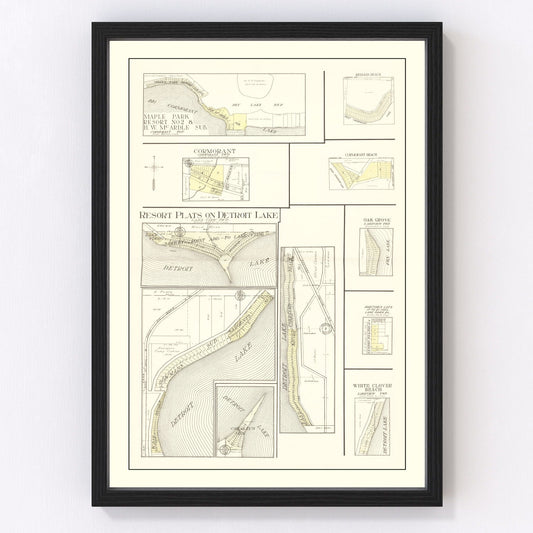 Vintage restored map of Detroit Lake Resorts, Minnesota, 1929, lake resort cartography