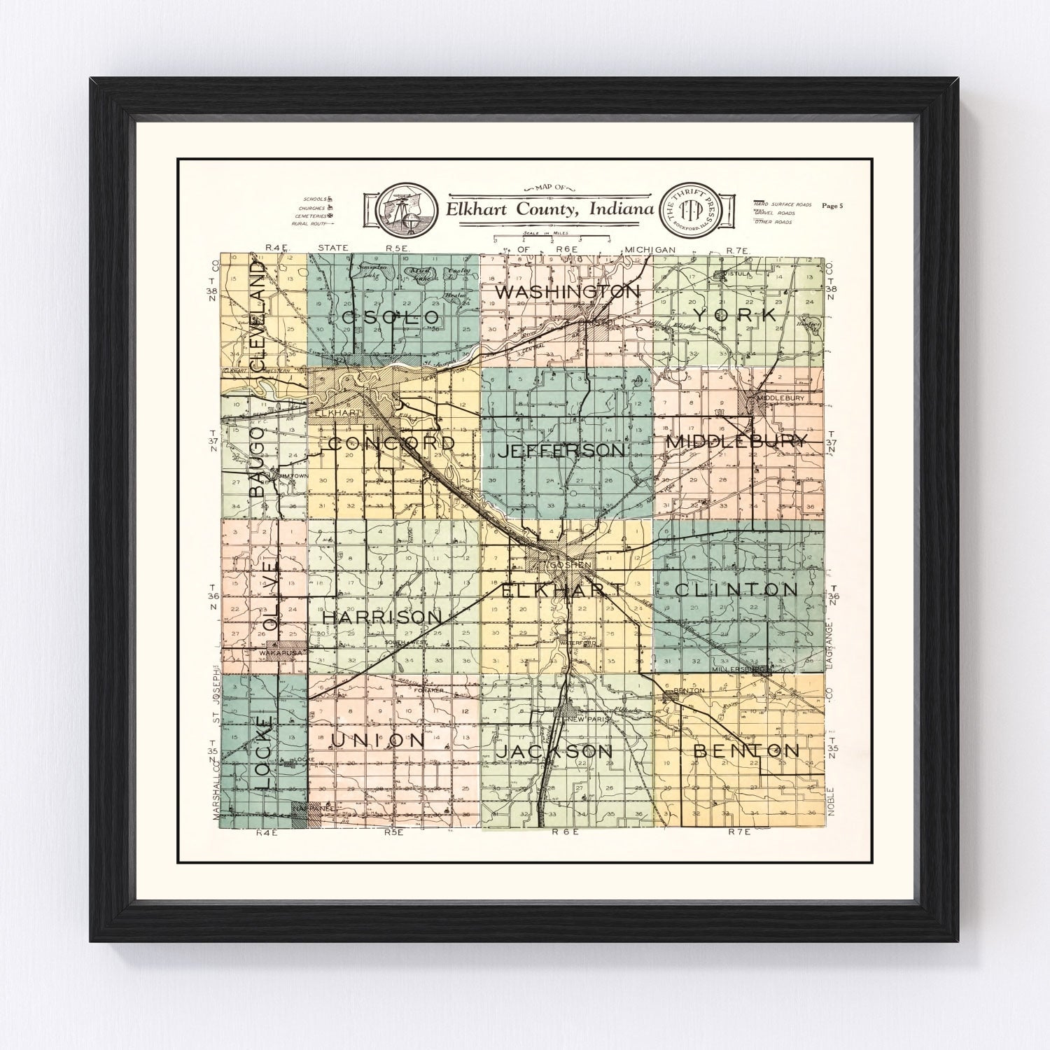 Vintage restored map of Elkhart County, Indiana, 1929, north Indiana roaring twenties