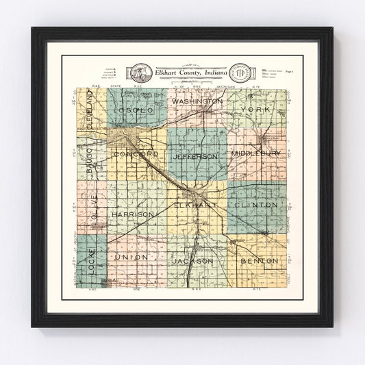 Vintage restored map of Elkhart County, Indiana, 1929, north Indiana roaring twenties