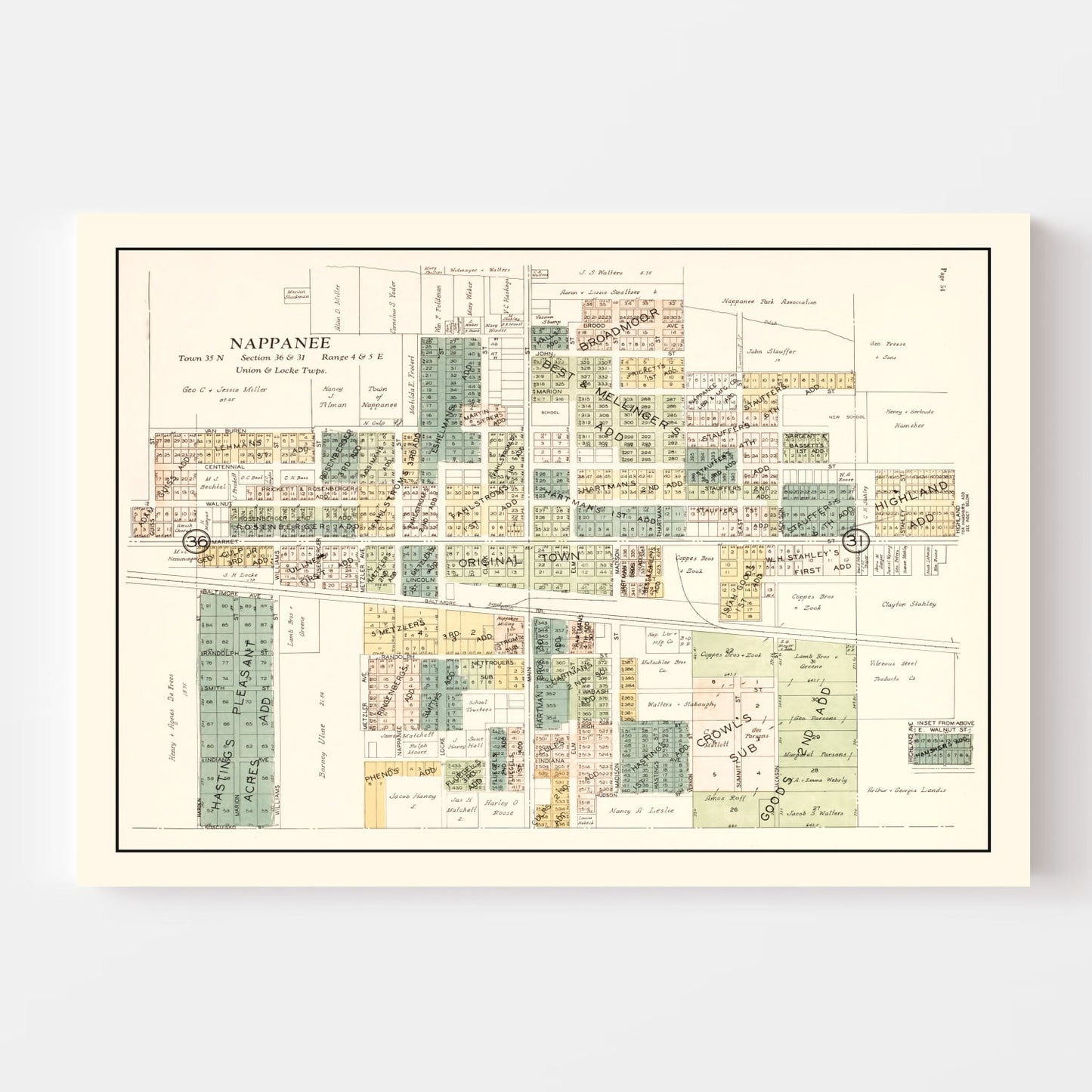 Vintage Map of Nappanee, Indiana, 1929