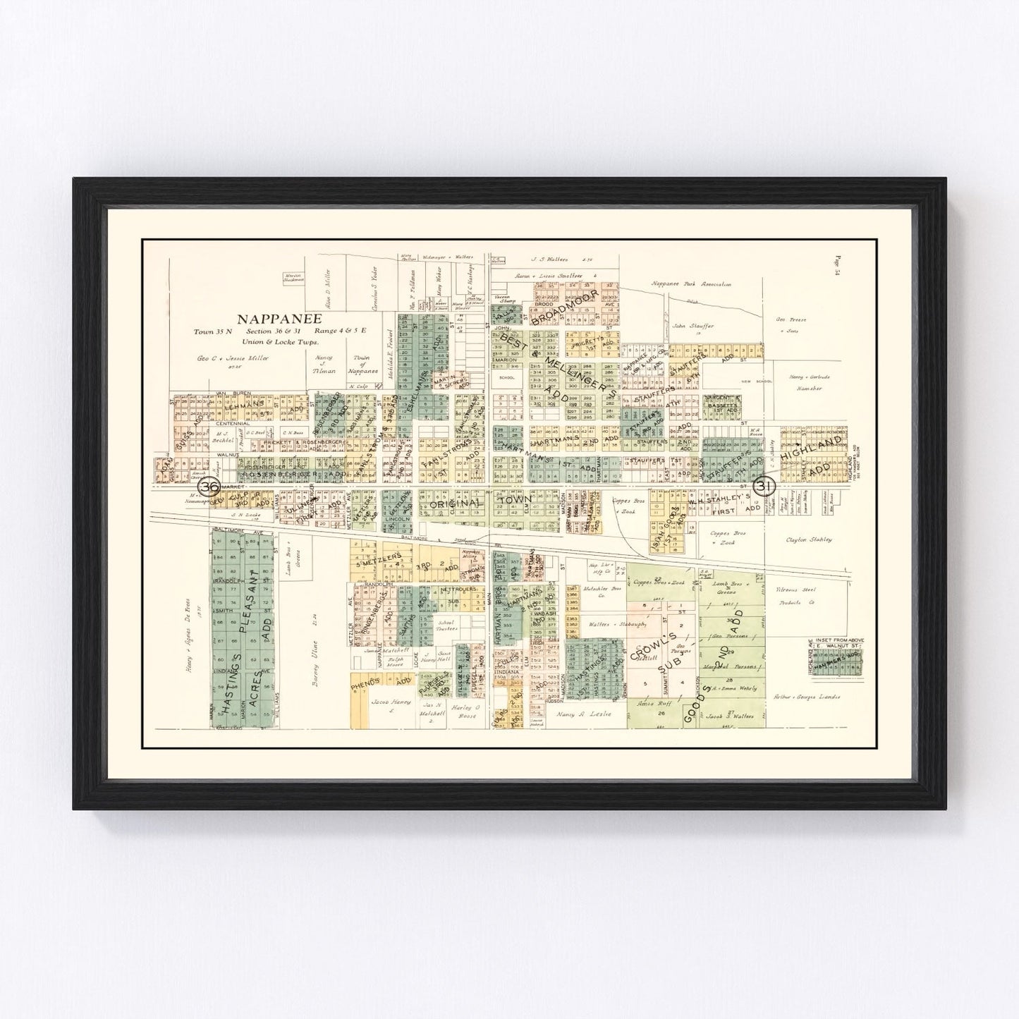 Vintage map of Nappanee, Indiana, 1929