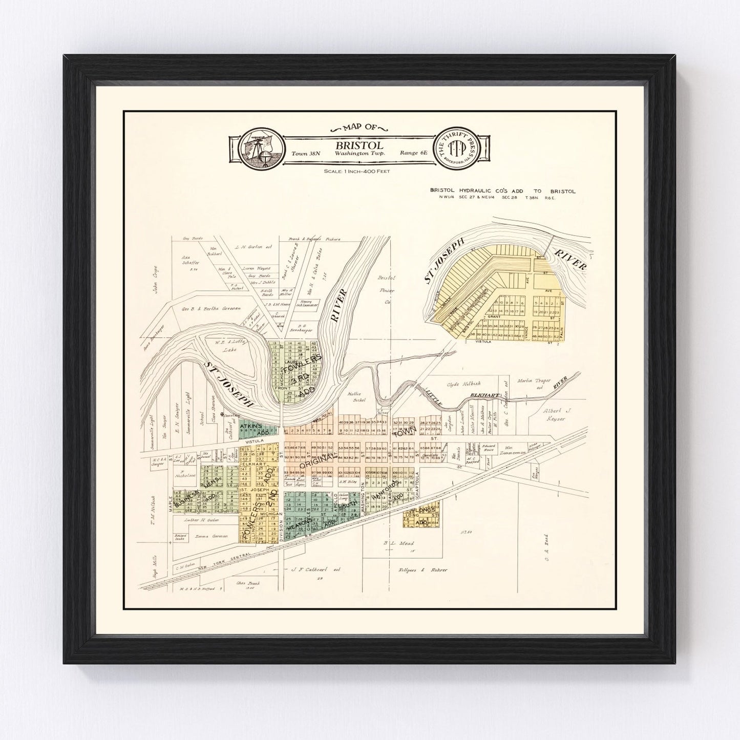 vintage map of Bristol Indiana, 1929, restored print wall art