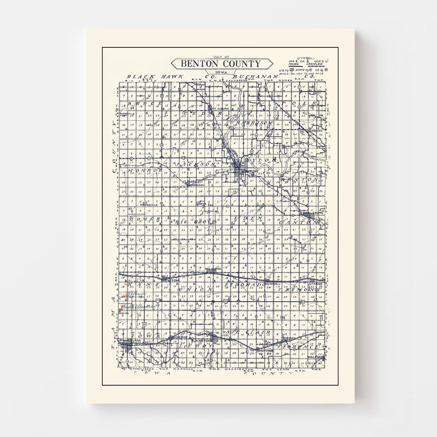 Vintage Map of Benton County, Iowa, 1930