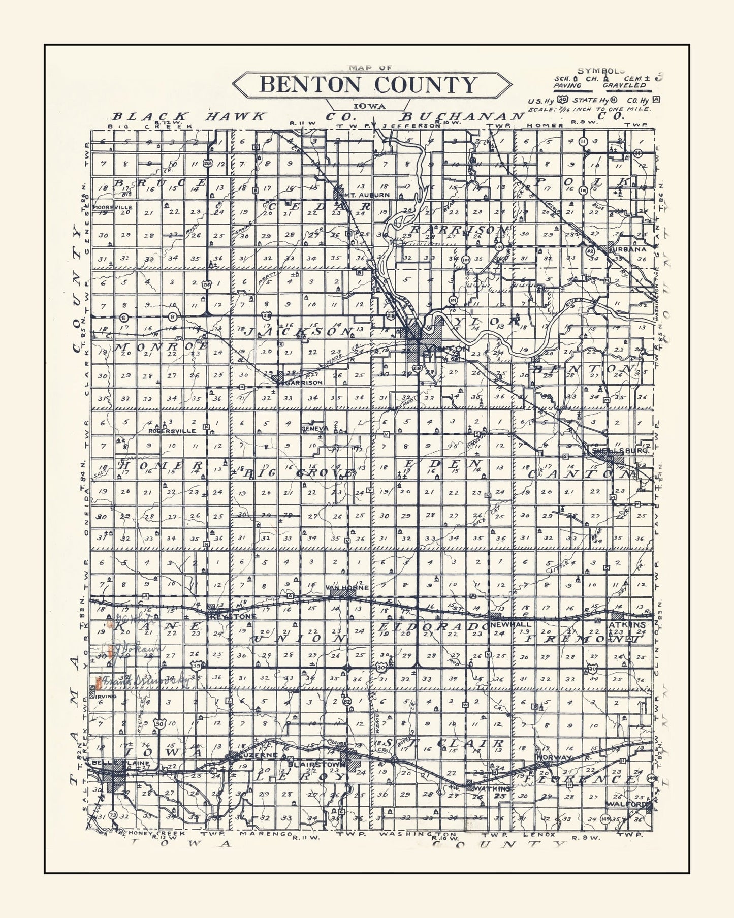 Vintage Map of Benton County, Iowa, 1930