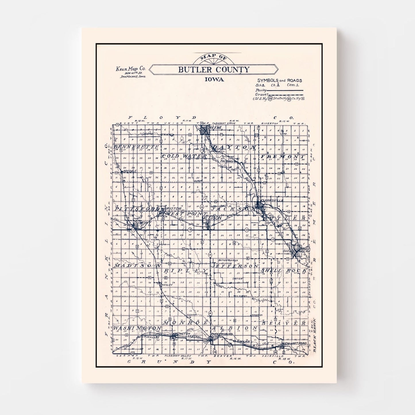 Vintage Map of Butler County, Iowa, 1930 Wall Art