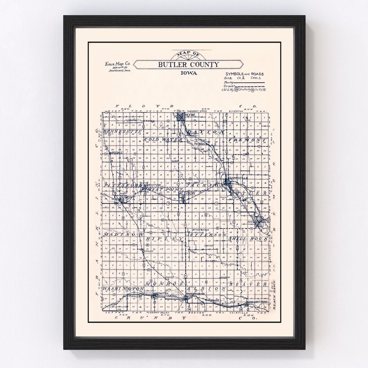Vintage map of Butler County, Iowa, 1930, digitally restored