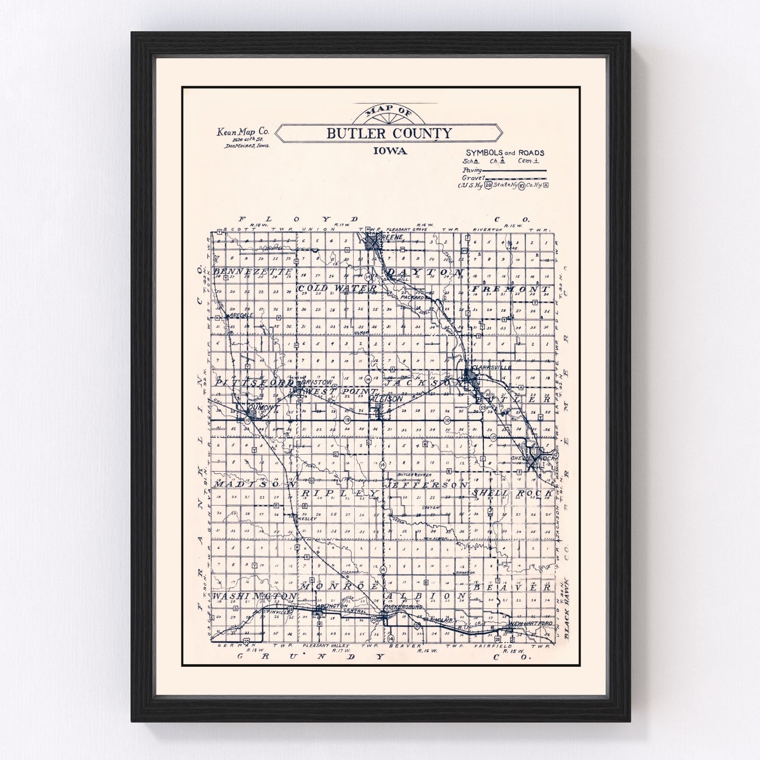 Vintage map of Butler County, Iowa, 1930, digitally restored
