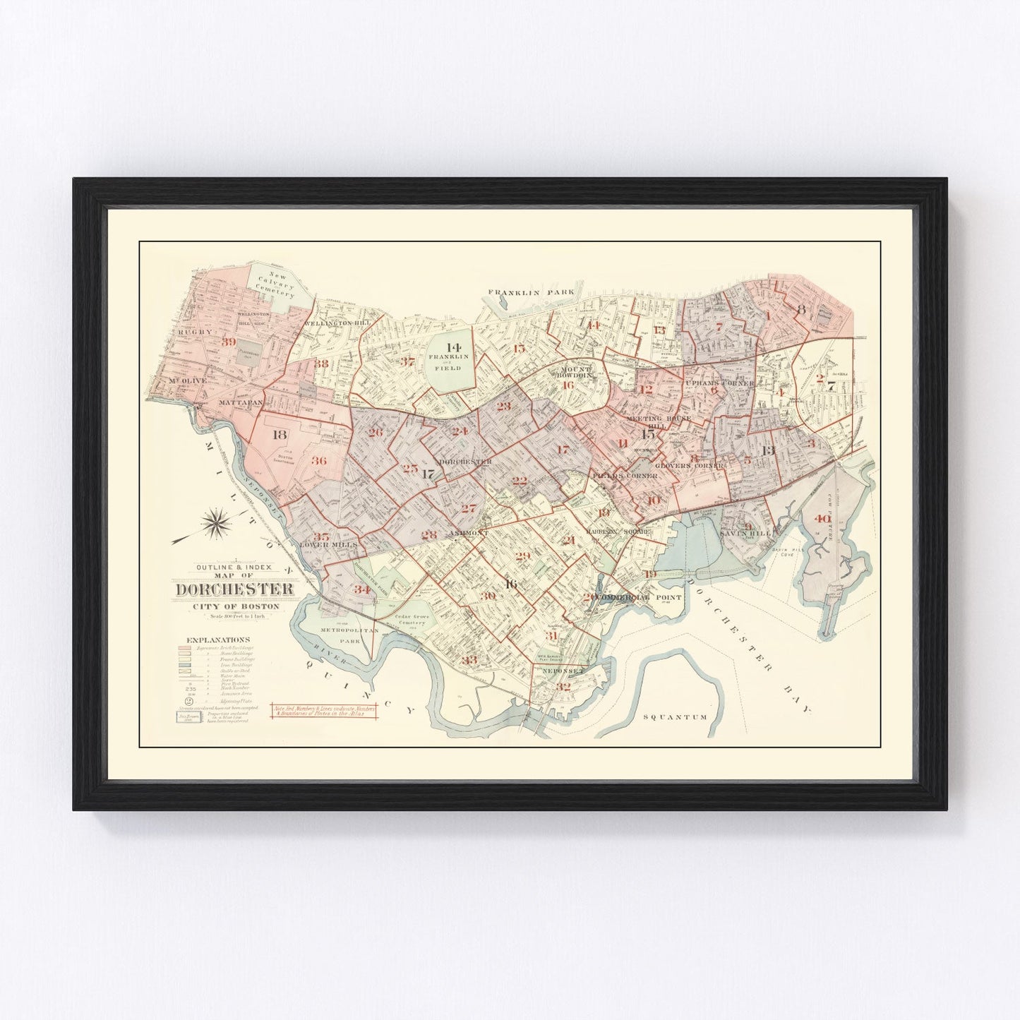 Restored vintage map of Dorchester, Massachusetts, 1933