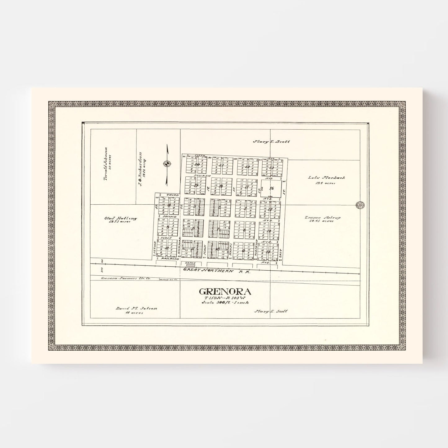 Vintage Map of Grenora, North Dakota, 1937