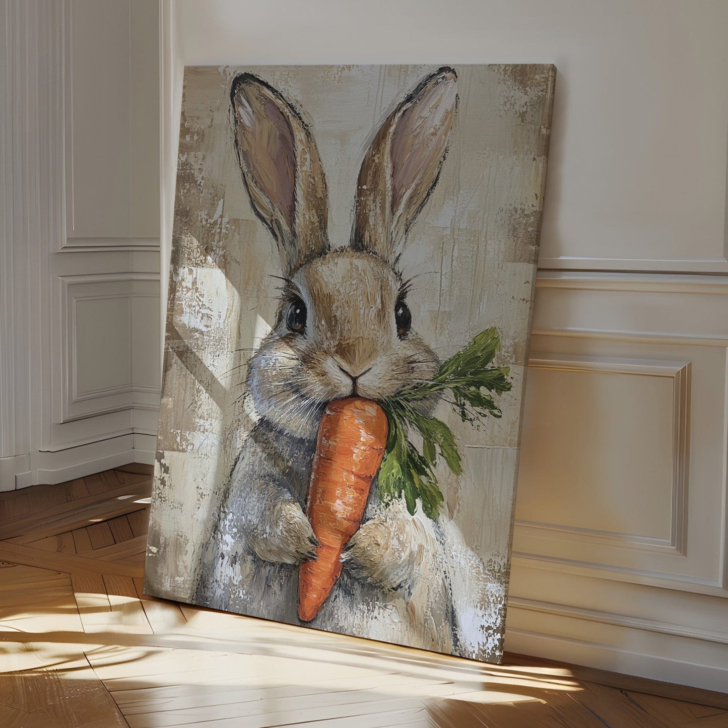 Rustic farmhouse bunny holding a carrot animal wall art print