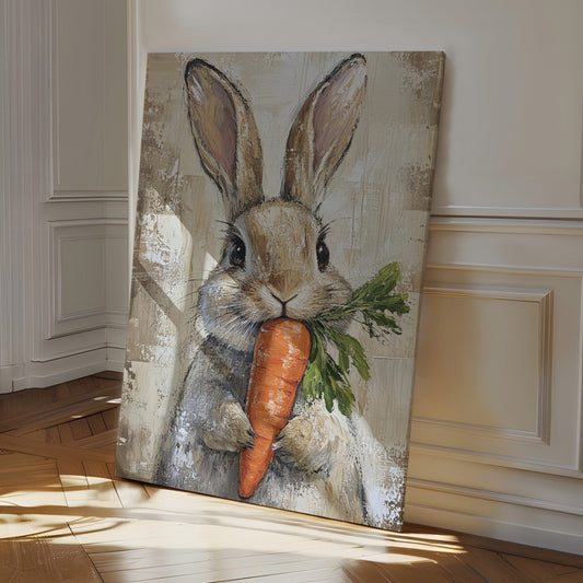 Rustic farmhouse bunny holding a carrot animal wall art print