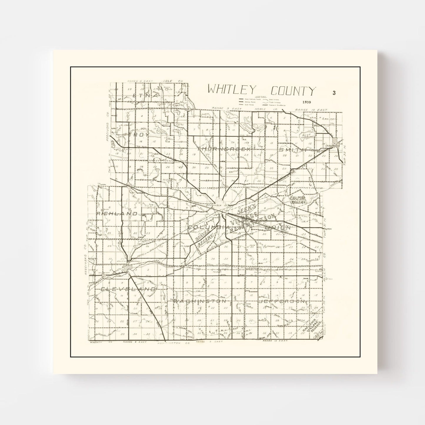 Vintage Map of Whitley County, Indiana, 1939