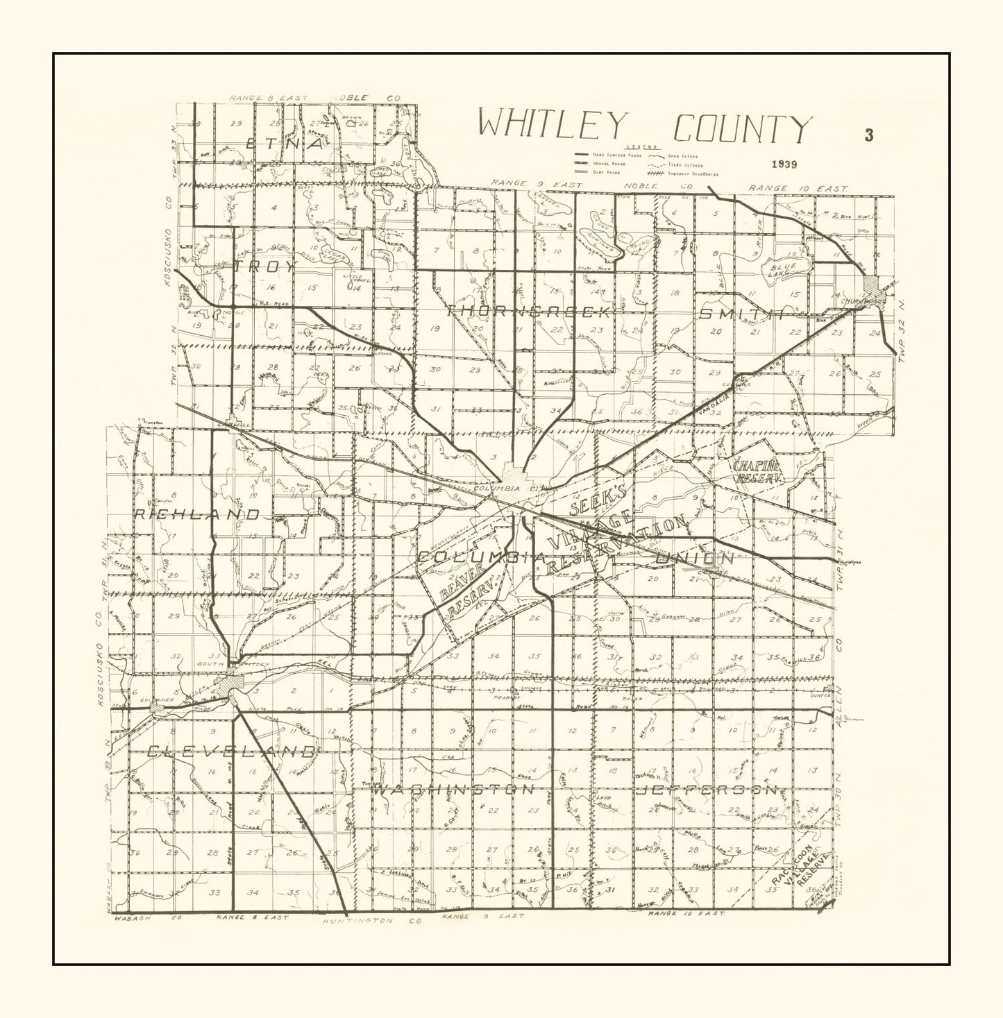 Vintage Map of Whitley County, Indiana, 1939