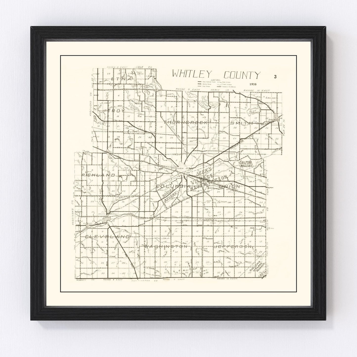 Vintage map of Whitley County, Indiana, 1939, Depression-era roads and farmland