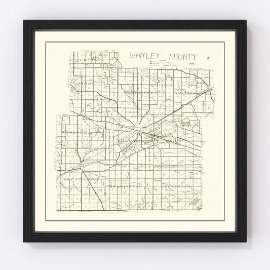 Vintage map of Whitley County, Indiana, 1939, Depression-era roads and farmland
