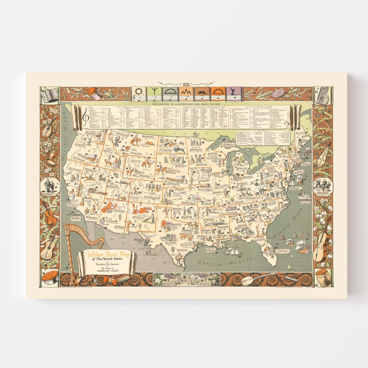 Vintage Folklore Music Map of the United States, 1946