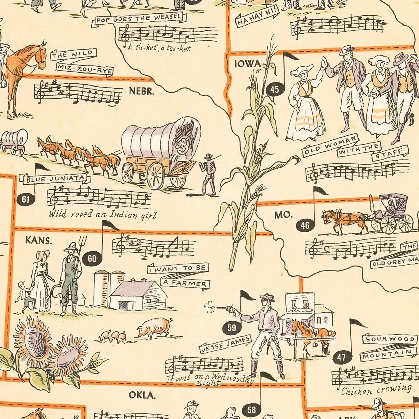 Vintage Folklore Music Map of the United States, 1946
