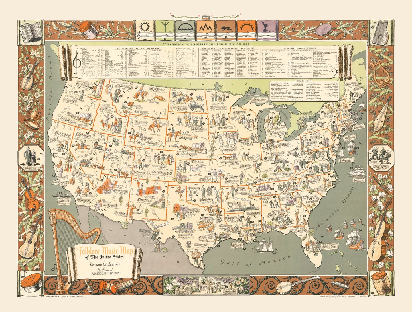 Vintage Folklore Music Map of the United States, 1946
