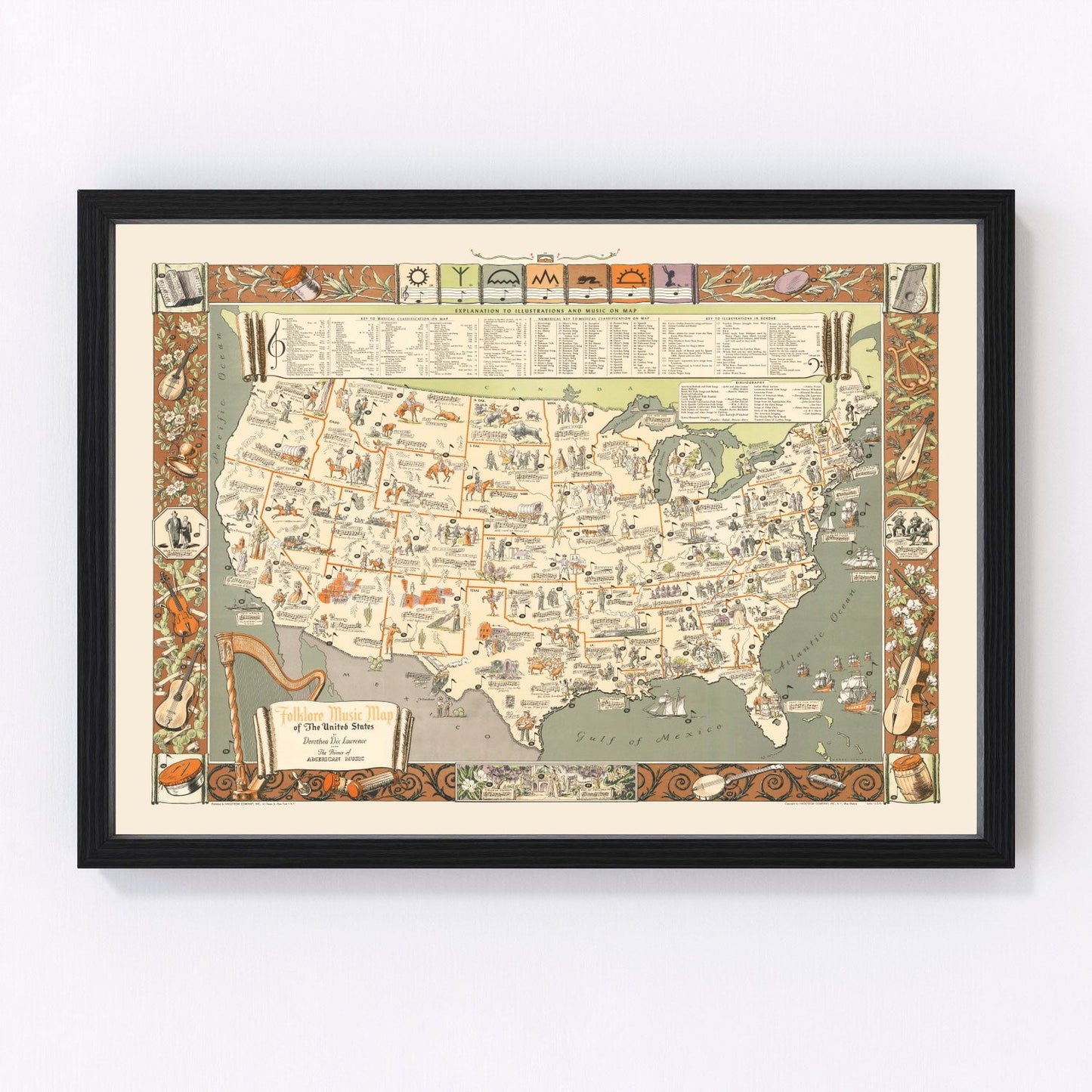 Vintage folklore music map of the United States, 1946, digitally restored print