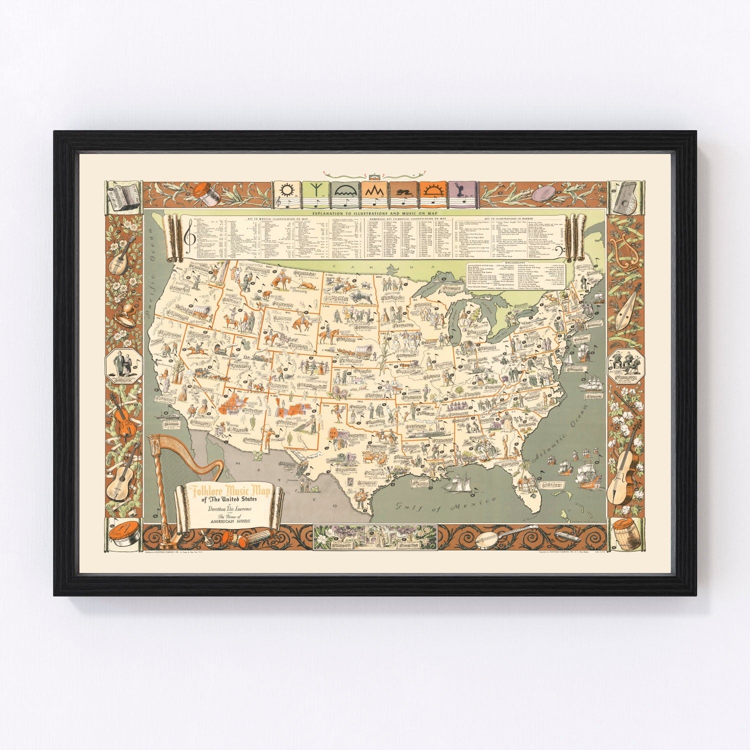 Vintage folklore music map of the United States, 1946, digitally restored print