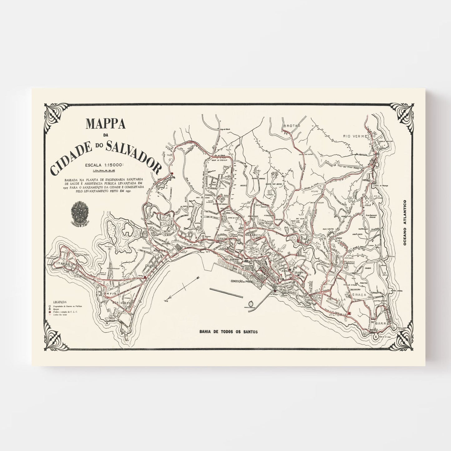 Vintage Map of Salvador, Brazil, 1931
