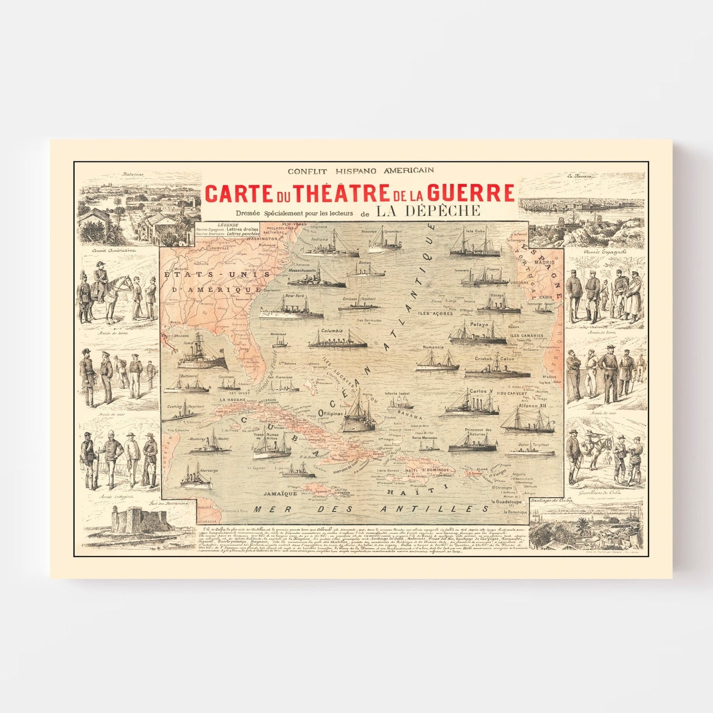 Vintage Spanish-American War Map of the Atlantic, 1898