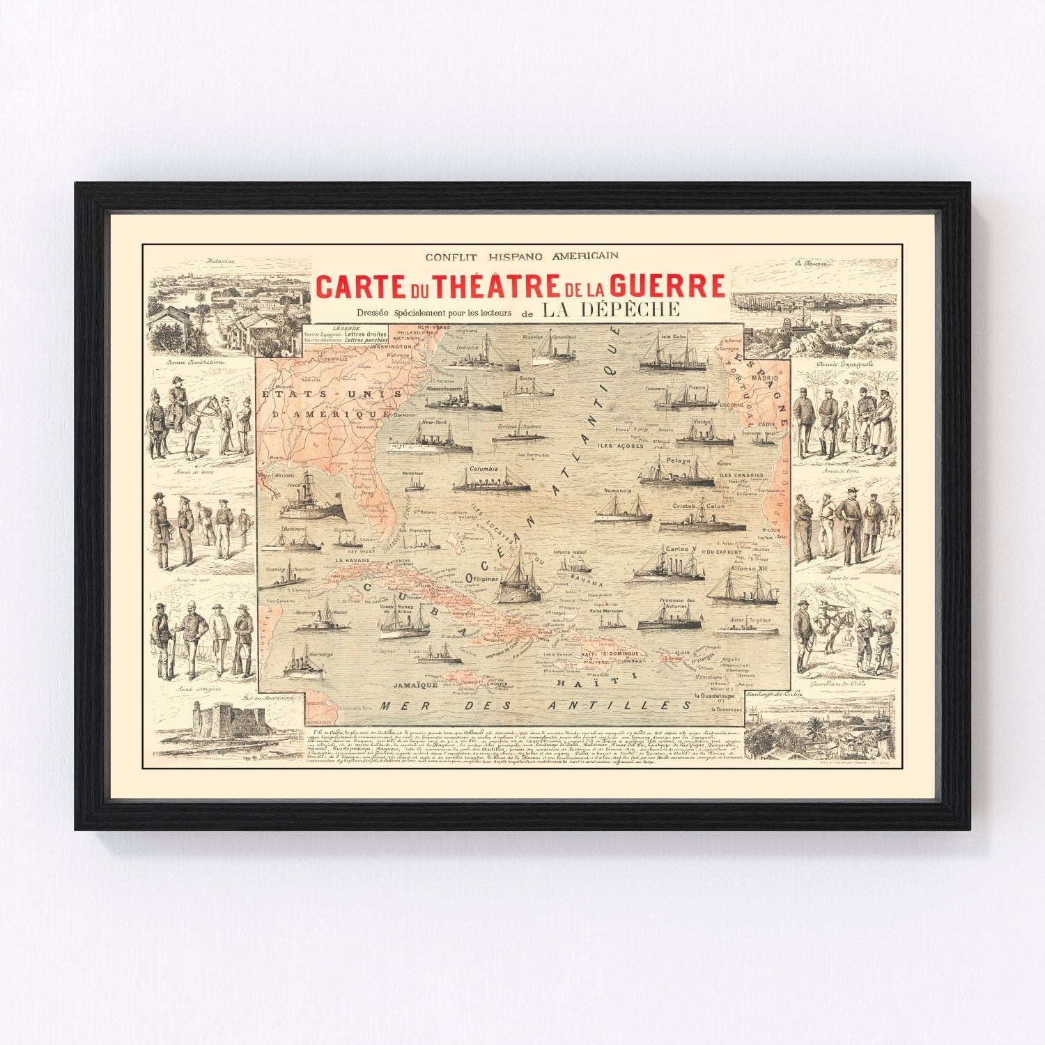Vintage Spanish-American War map of the Atlantic, 1898, digitally restored