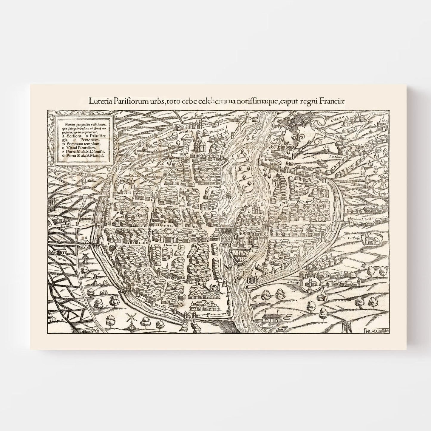 Vintage Map of Paris, France, 1550