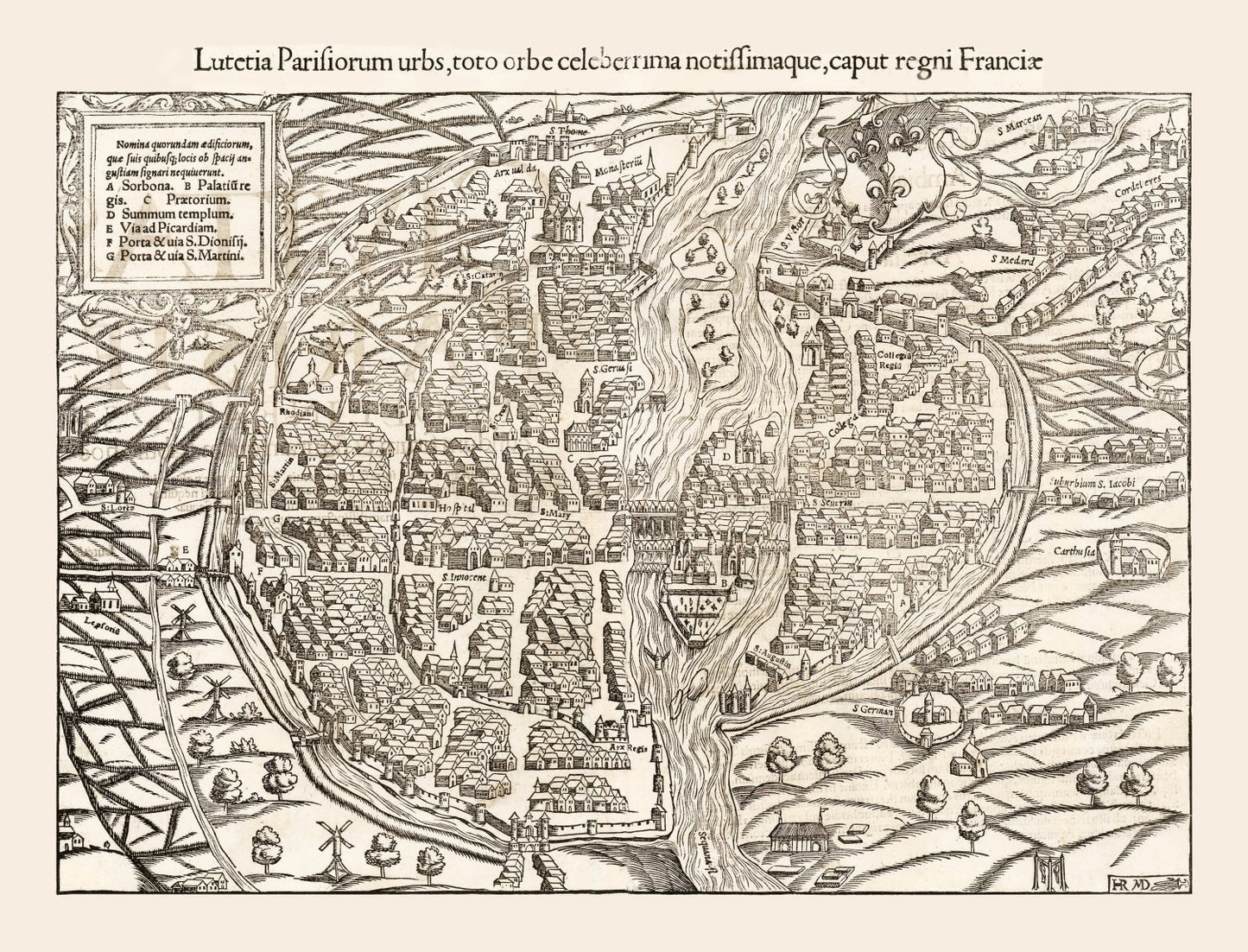 Vintage Map of Paris, France, 1550