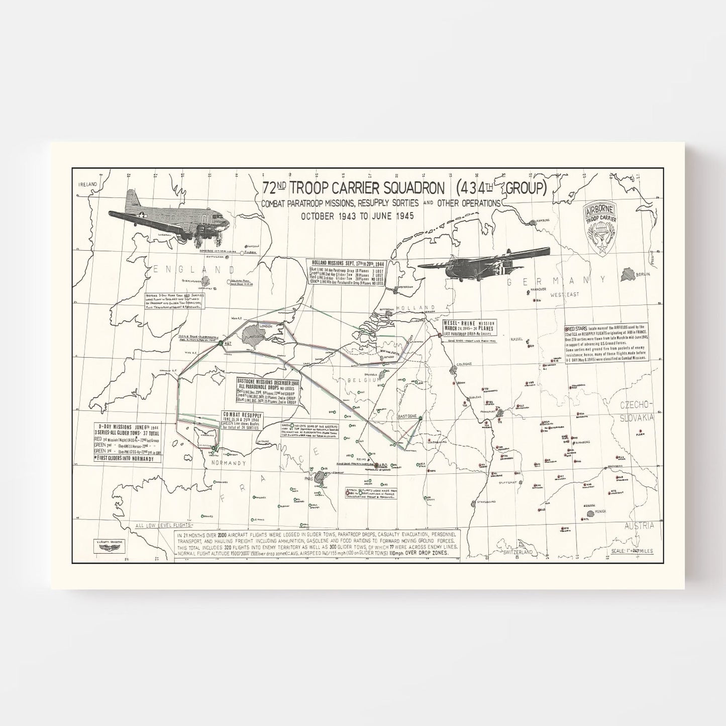 Vintage Map of the 72nd Troop Carrier Squadron Over Europe, WWII 1972