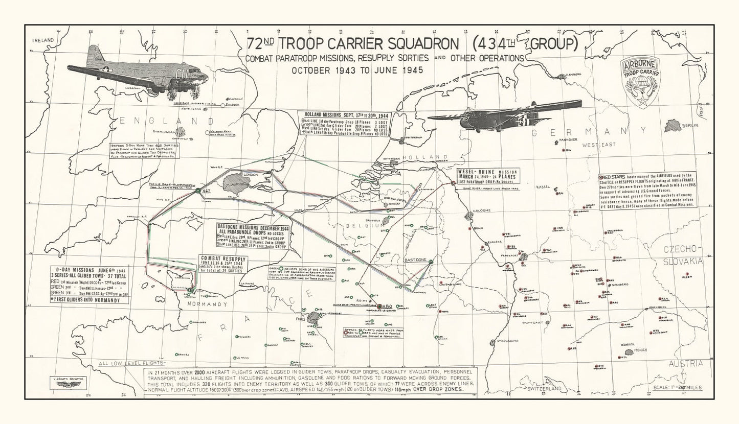 Vintage Map of the 72nd Troop Carrier Squadron Over Europe, WWII 1972