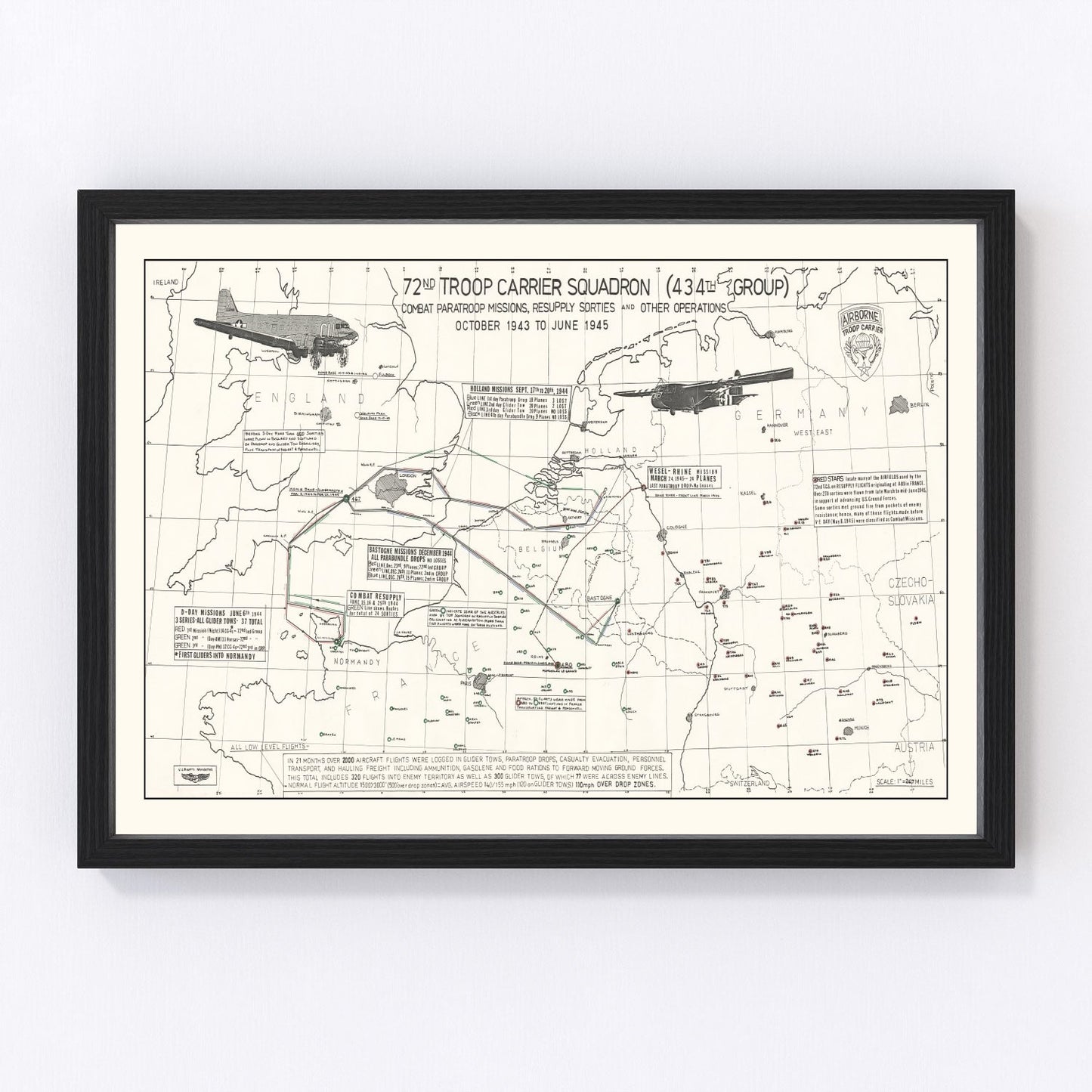 vintage map of the 72nd Troop Carrier Squadron over Europe, WWII, 1972