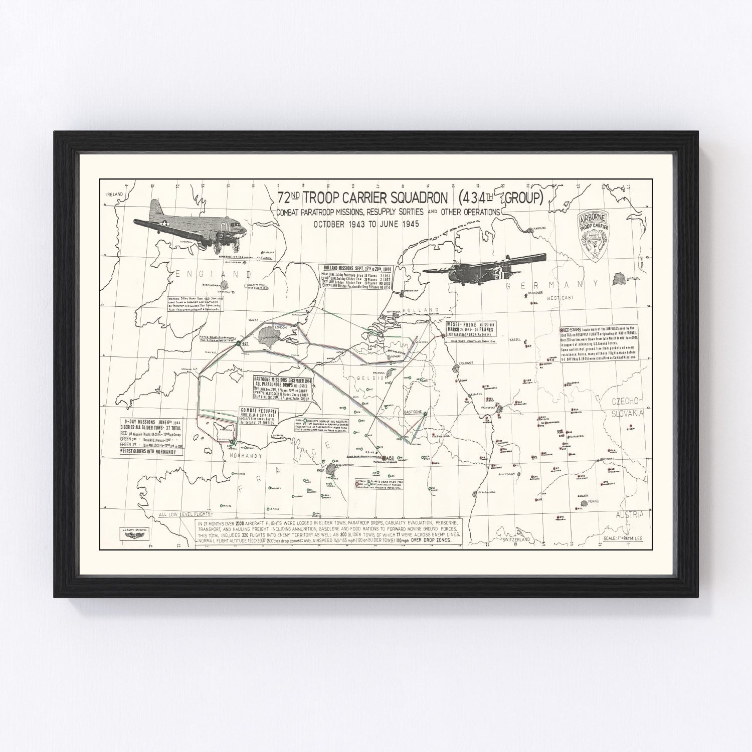 vintage map of the 72nd Troop Carrier Squadron over Europe, WWII, 1972