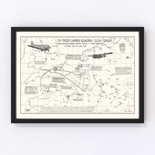 vintage map of the 72nd Troop Carrier Squadron over Europe, WWII, 1972