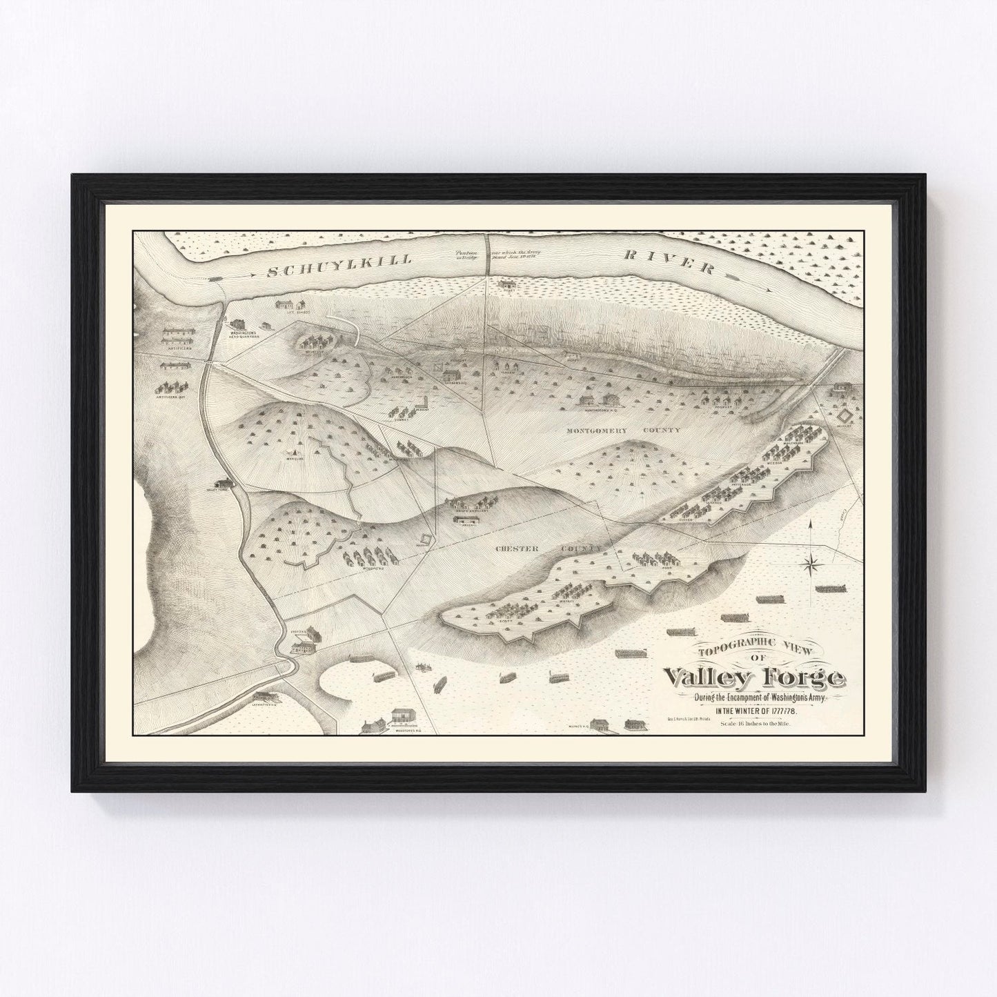 Vintage 1877 map of Valley Forge Pennsylvania historic Revolutionary War site, restored print