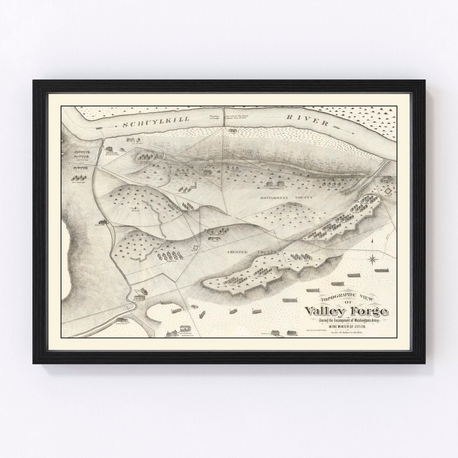 Vintage 1877 map of Valley Forge Pennsylvania historic Revolutionary War site, restored print